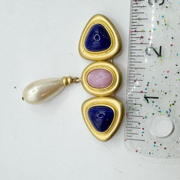 Vintage Mogul Style Pink Faux Gripoix Gold Tone Large Brooch Pin With Drop Pearl - Picture 7 of 9